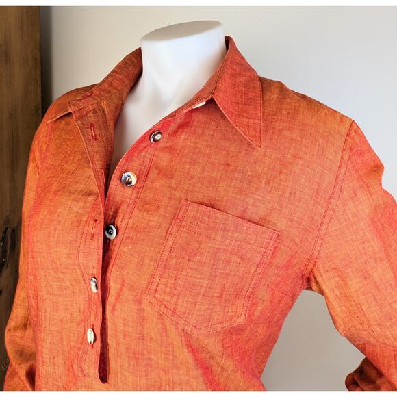 VTG Chetta B Shirt Shift Dress Linen 8 Coral Orange Shimmer Long Sleeve Coastal - Picture 5 of 13